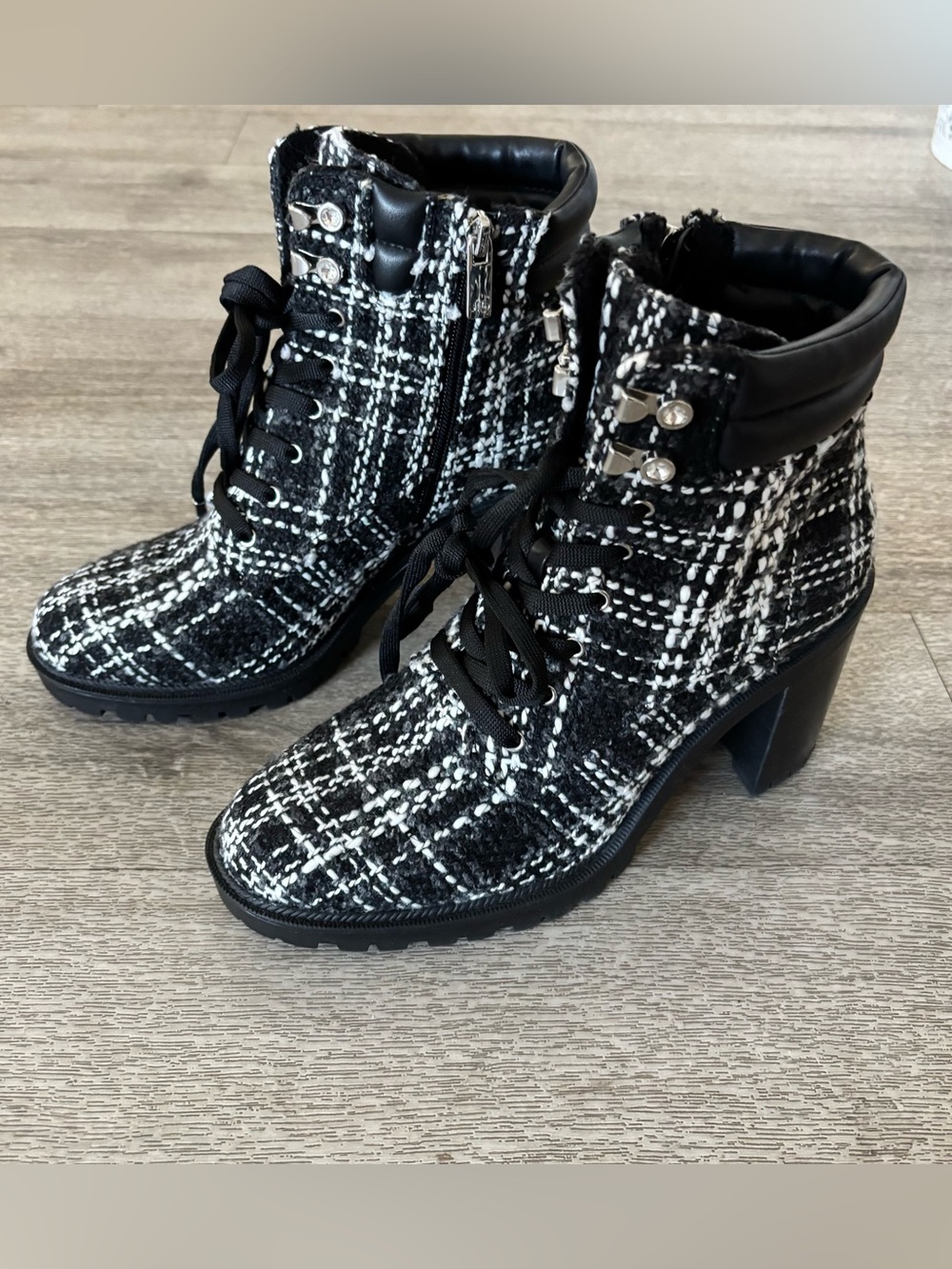 Black & White Tweed Lace-Up Block Heel Ankle Boots